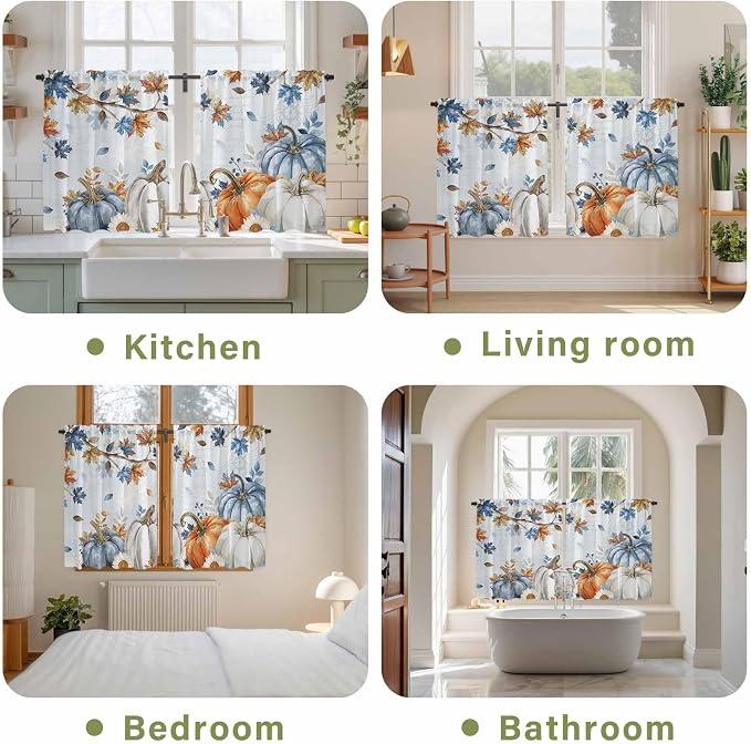 Fall Blue Maple Kitchen Tier Curtains 45 Inch Long 2 Panel Set, Rod Pocket