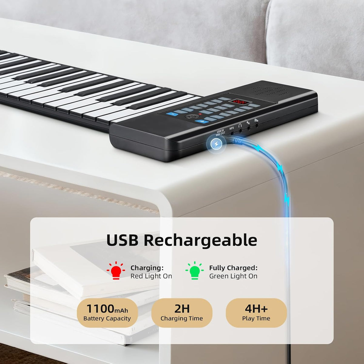 POGOLAB 61 Keys Roll Up Keyboard Piano, Portable Electric Foldable Piano with LED Display, Rechargeable & USB-MIDI Output, Built-in 15 Demos, 128 Tones, 128 Rhythms, Music Gift for Beginners