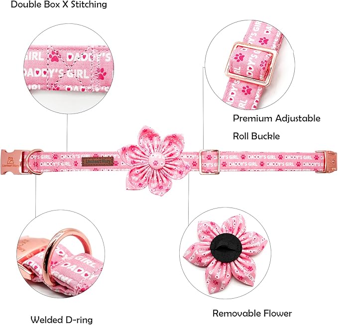 Lionheart glory Valentine's Day Dog Collar with Flower Dog Collars Pink Collars for Medium Dogs, Spring Pet Puppy Collar Flowers