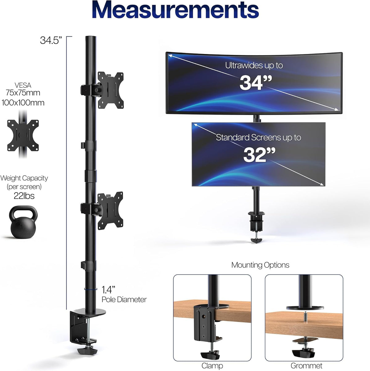 VIVO Dual Vertically Stacked Monitor Desk Mount, Extra Tall Adjustable Stand for 2 Ultrawides up to 34 inches, 22 lbs Capacity, Black, STAND-V002T