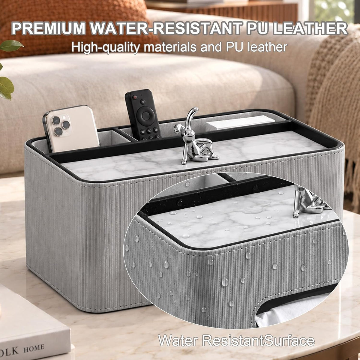 PU Leather Rectangle Tissue Box Cover with Storage Organizer, Gray