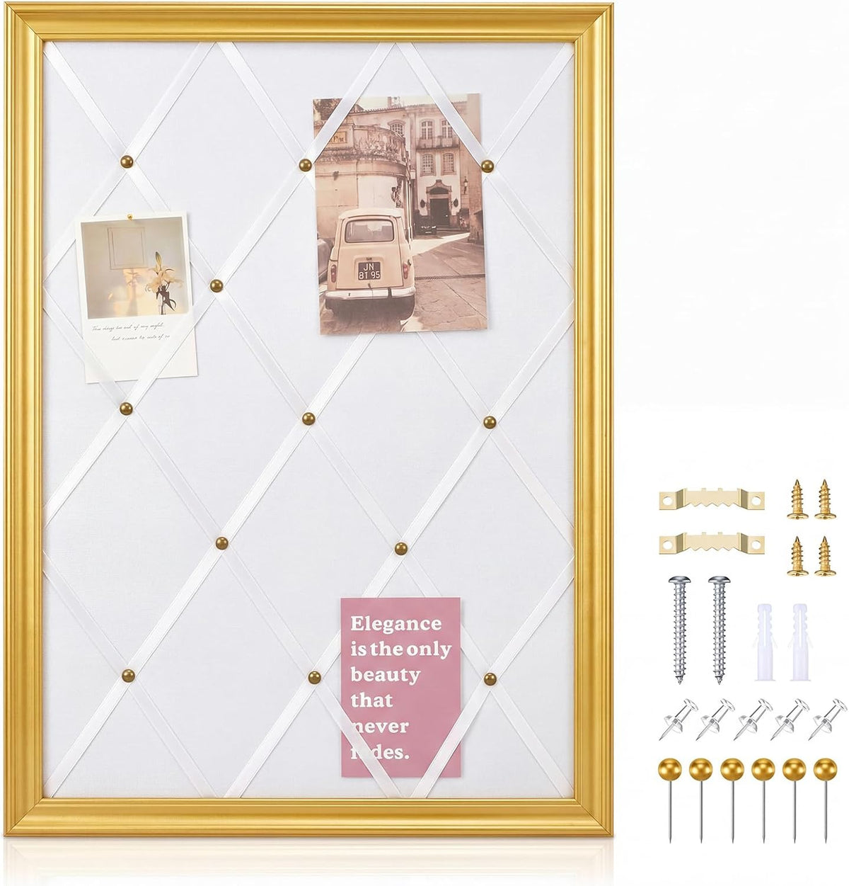 DoubleFill White Bulletin Board 21"×27" Linen Fabric Decorative Board Hanging Memo Boards for Women Large Cork Bulletin Boards for Home Office with 20 Pushpins - White Linen with Gold Frame
