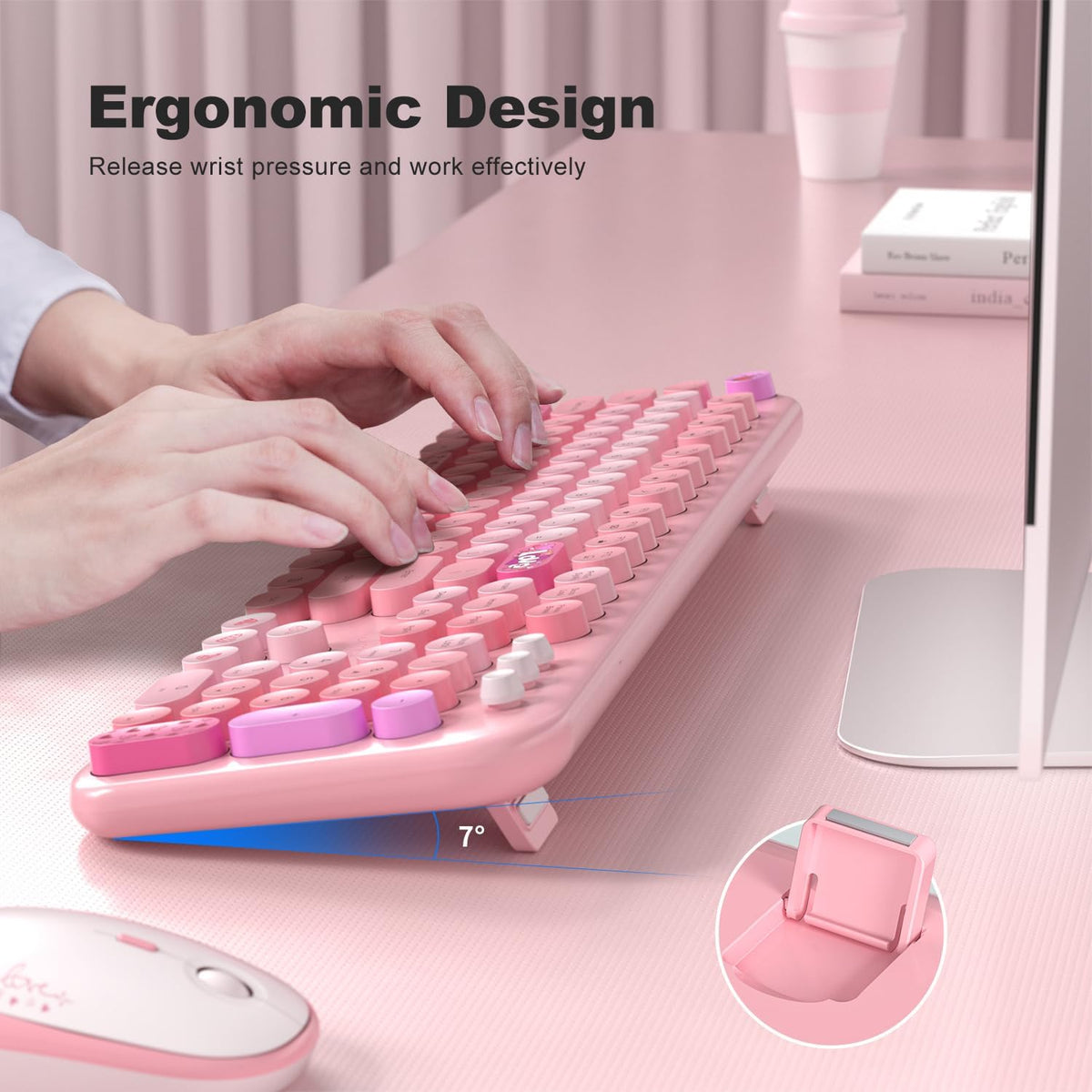 Wireless Keyboard and Mouse Combo, MOWUX Full Size Typewriter Retro Round Computer Keyboard, Cute Optical Mouse Wireless, Plug and Play, for Laptop, PC, Computer- Pink Heart