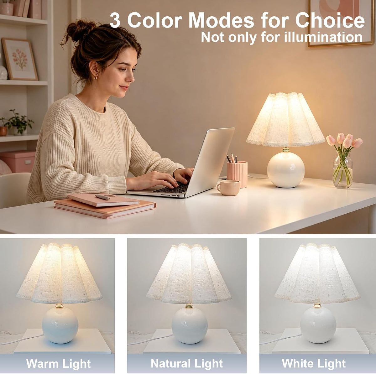 Small Ceramic Table Lamp, 11.5'' Cute Scalloped Lamp (White)