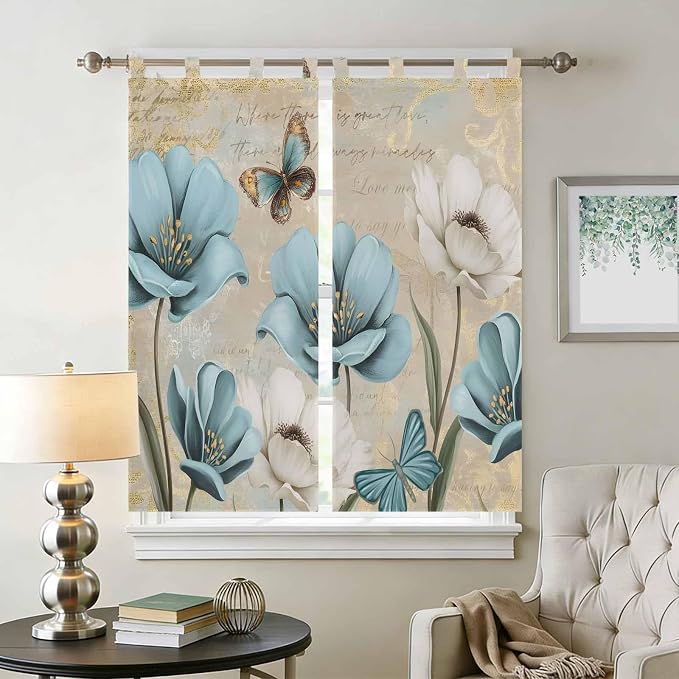 Spring Flowers Living Room Curtains 84 Inch Length, Window Curtains Tab Top