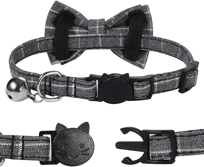 SLSON 2 Pack Breakaway Cat Collar with Bell and Bow Tie Plaid Kitten Collar for Cats and Small Dogs Pets Adjustable from 8-11In, Black and Grey
