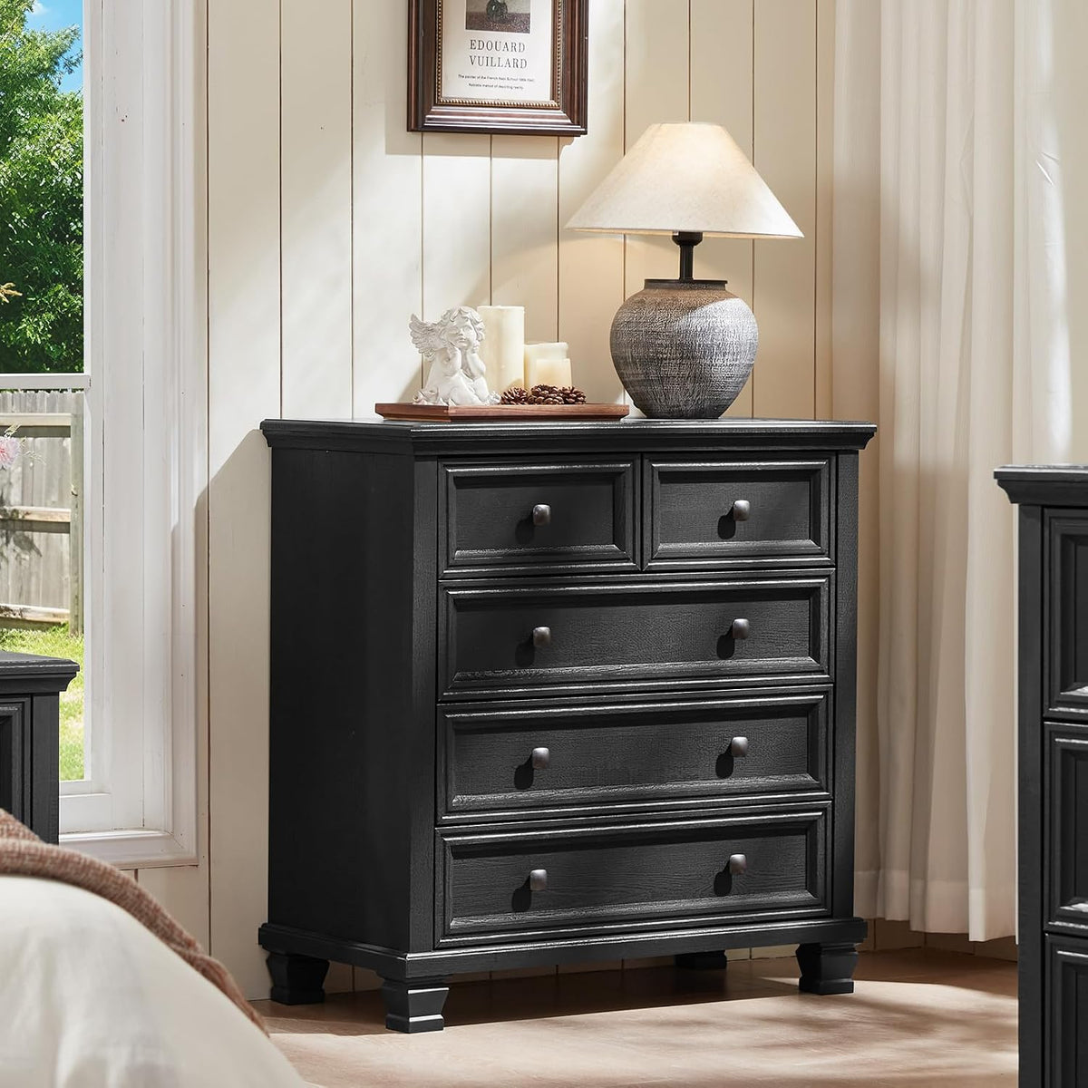 SAVOR LIFE Farmhouse 5 Drawer Dresser for Bedroom, 32.6 Inch Tall Vintage Wood Chest of Drawers, Rustic Small Dressers w/Square Solid Wooden Legs, Mid-Century Storage Organizer for Living Room, Black