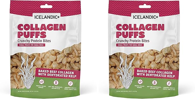 Icelandic+ Collagen Puffs: Baked Beef Collagen with Dehydrated Kelp 1.3oz - Small Dog Treats, Crunchy Protein Bites (Pack of 2)