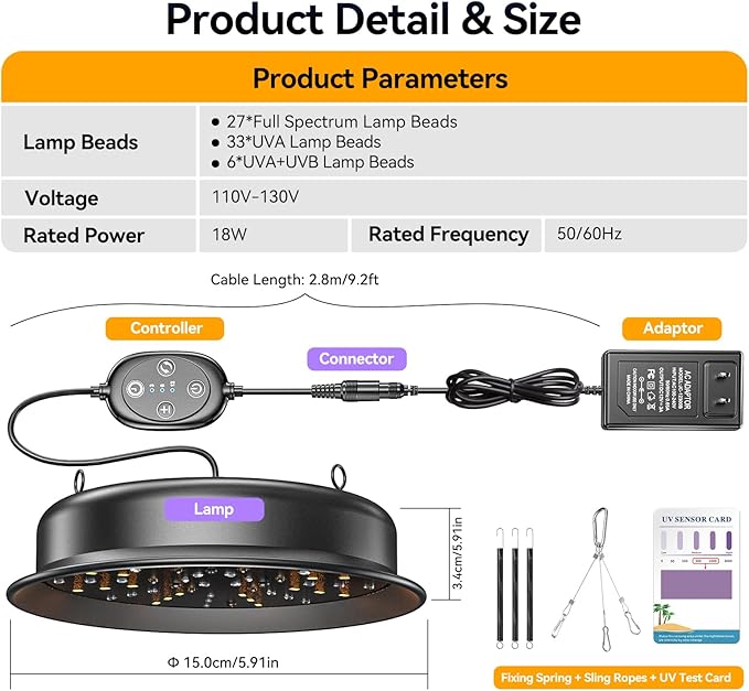 UVB Light for Reptiles, TFNN Reptile Light Fixture with 3-6-12 Cycle Timer & 3 Brightness, Full Spectrum UVA UVB Lamp for Turtles Bearded Dragon Snake (18W)