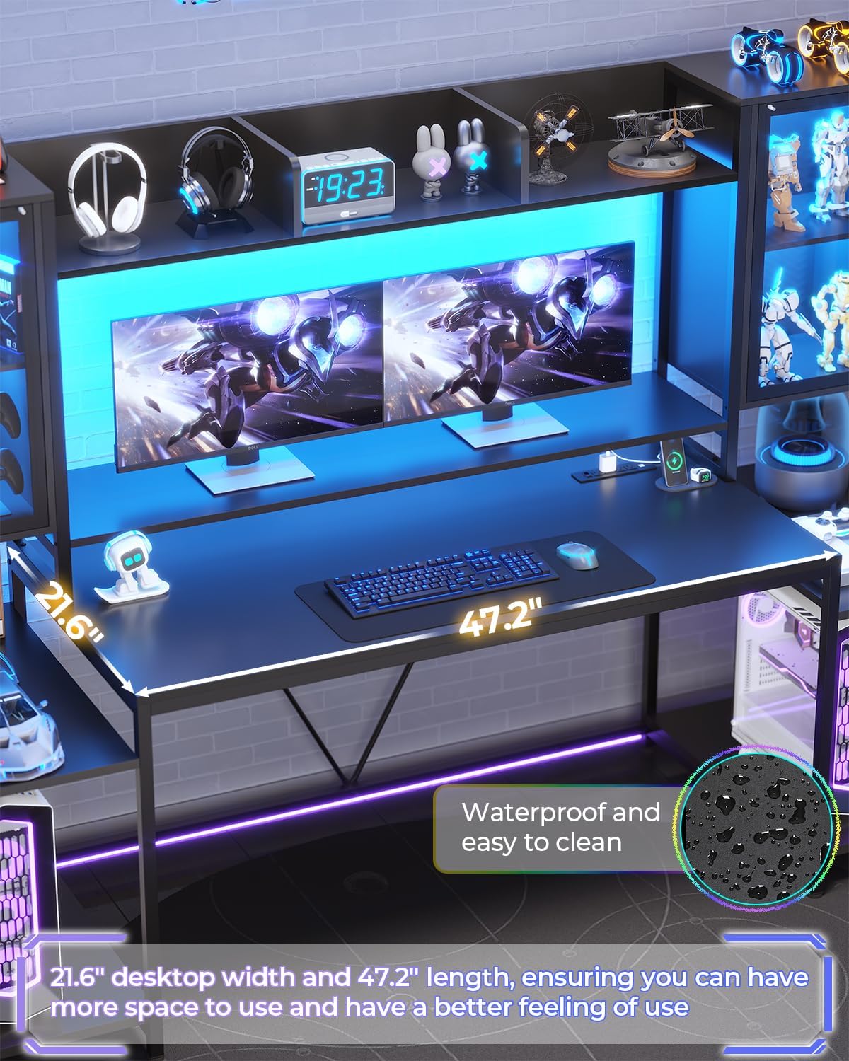 SEDETA Gaming Desk 75'' with LED Lights, Hutch and Storage Shelves, Black