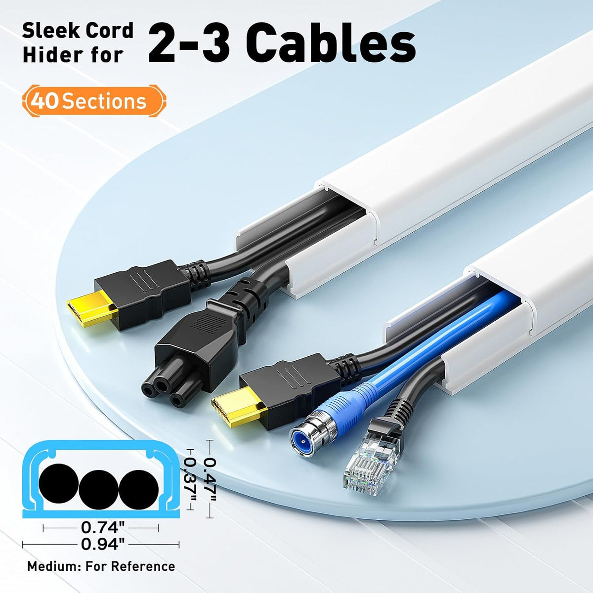 Delamu TV Cord Hider, 630in Cord Covers for 2-3 Wires on Wall, Cable Hider Wire Covers for Cords, Easier Setup Wire Hiders for TV on Wall, Cable Cover Management to Hide Wires, W0.94H0.47in, White