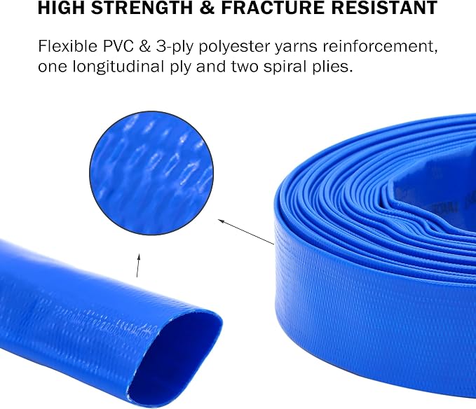 DAVCO 1.5" x 100 ft Pool Backwash Hose, Heavy Duty Reinforced Blue PVC Lay Flat