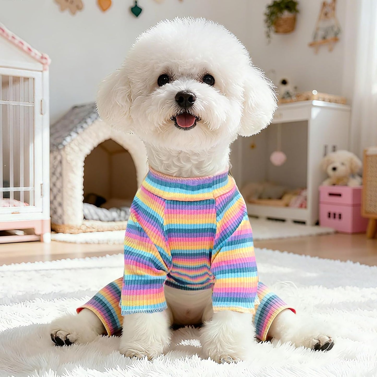 BAEJMJK Striped Dog Pajamas Stretchy Cute Four-Legged Boy Girl Dog Clothes with Sleeves Comfortable Dogs Jumpsuit Colorful Pet Puppy Outfits Apparel for Small Medium Dogs Cats(Pink,Pink,Medium)