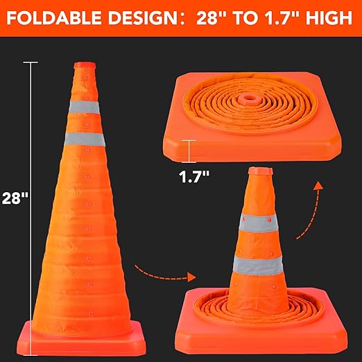 [4 Pack]28 Inch Collapsible Traffic Safety Cones with Storage Bag- Parking Cones with Reflective Collars for Road Safety, Orange Safety Cones for Parking lot, Driveway, Driving Training