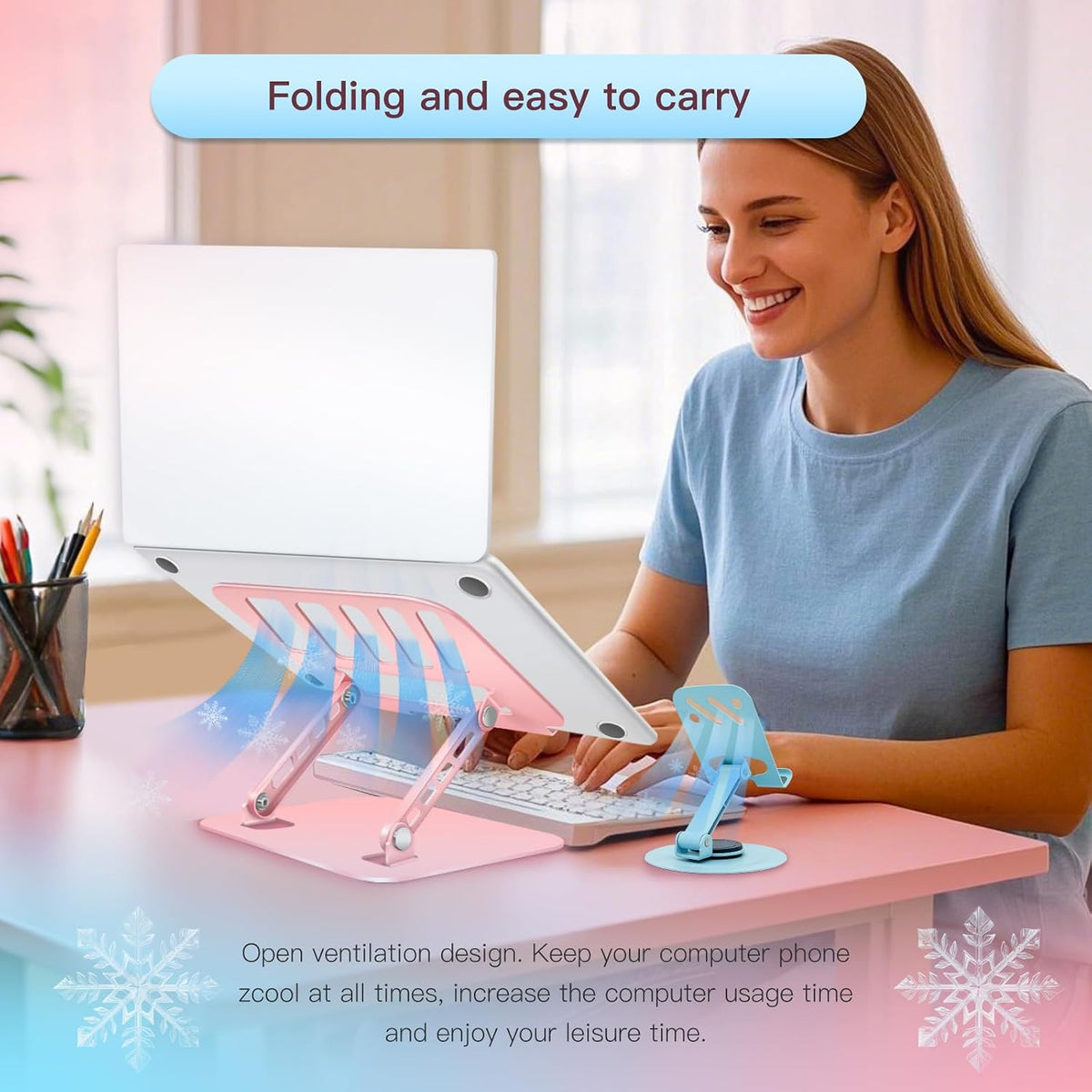 Pink Adjustable Laptop Stand with Phone Holder, Foldable Riser