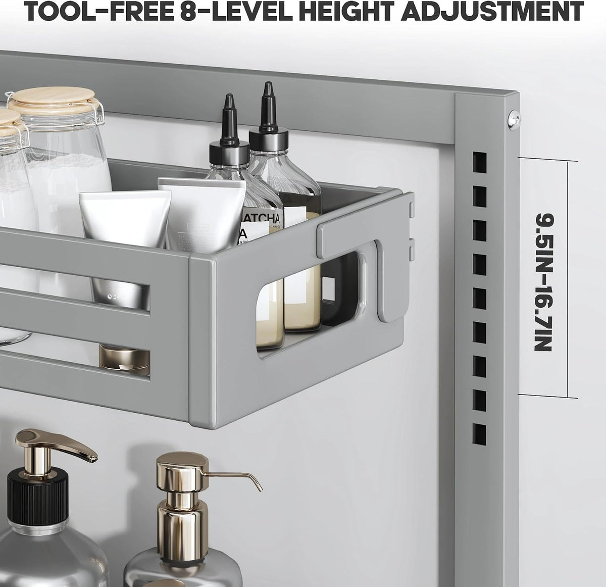 2 Pack 19IN-Depth Under Sink Organizer,Pull Out Cabinet Organizer With Smooth Cylindrical Rail,Metal Slide Out Drawer for Kitchen Bathroom Laundry,8-Level Tool Free Height Adjustable-Gun Gray