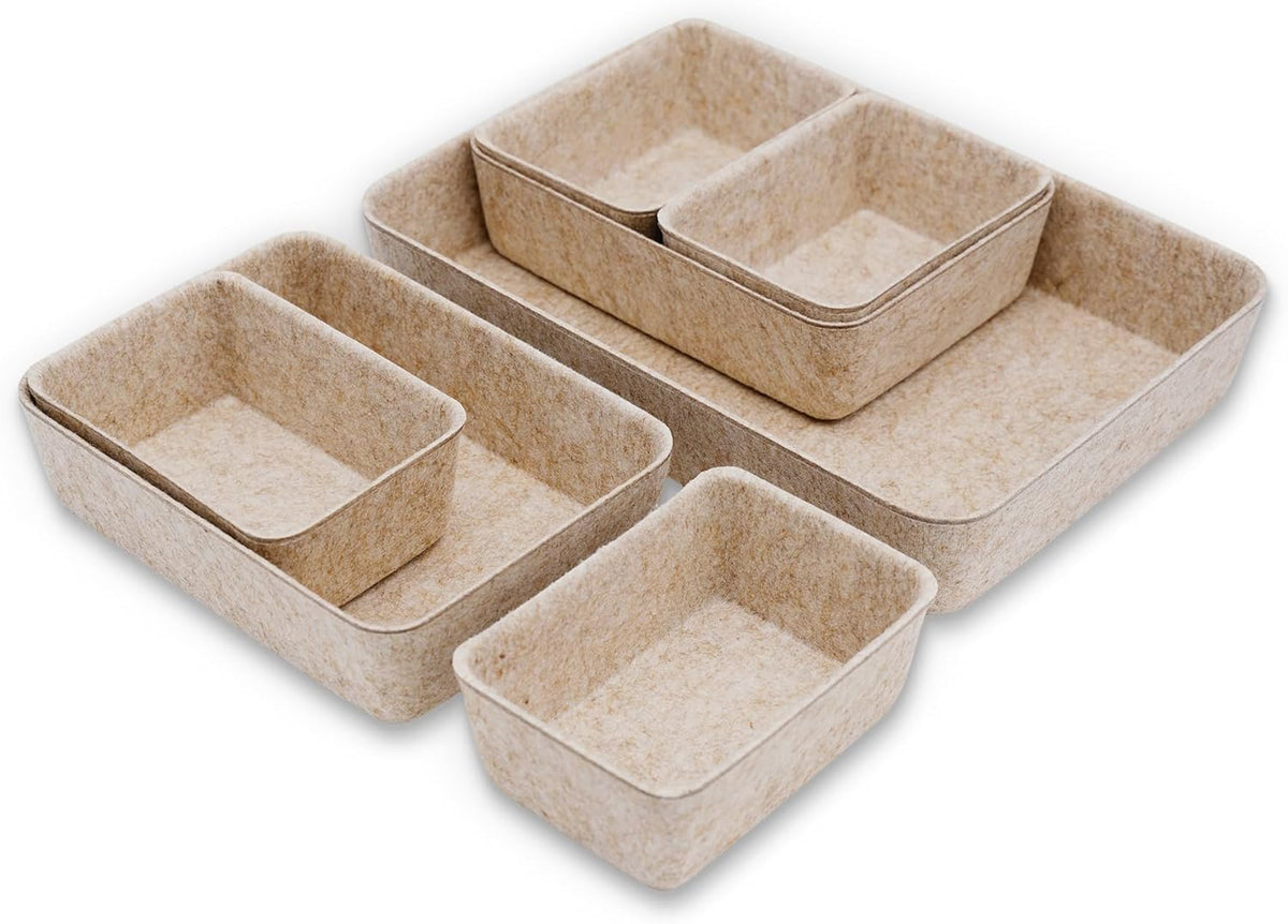 Welaxy Office Drawer organizers felt storage bins Shallow Small Desk trays Draw dividers Nordic Lifestyle Natural Scandinavian-chic style 7-piece (Oatmeal)