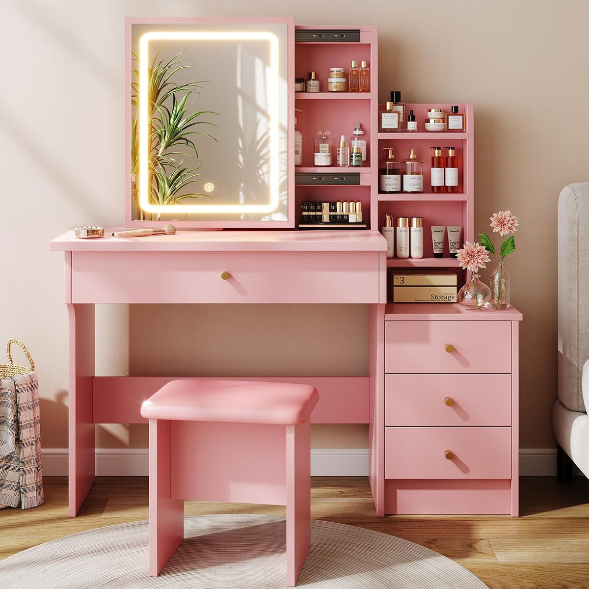 Memobarco Pink Makeup Vanity Desk with Sliding Mirror & 4 Drawers