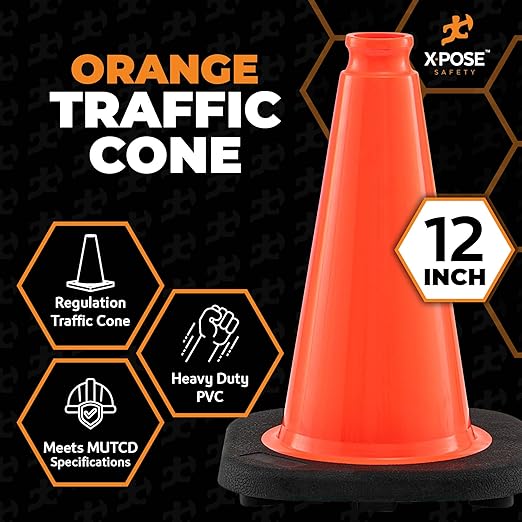 Xpose Safety 12 Inch Orange Traffic Cones, 6-Pack - Multipurpose PVC Plastic Safety Cone for Parking, Soccer, Caution, Kids and Construction - DOT Approved