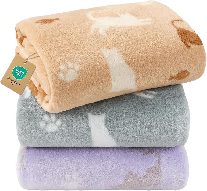 Luciphia 1 Pack 3 Blankets, Cute Cat Printed Fluffy Fleece Pet Blanket for Dogs Cats Washable, Warm Soft Throw Cover for Crate Couch, Gifts Puppy Essentials, Purple/Grey/Khaki, Medium (30x20 inch)