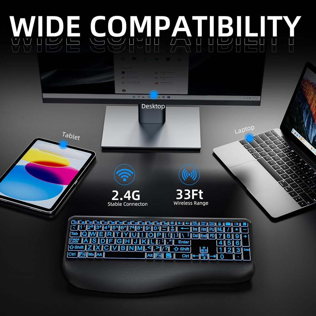 Hamile Large Print Wireless Backlit Keyboard for Windows, Black