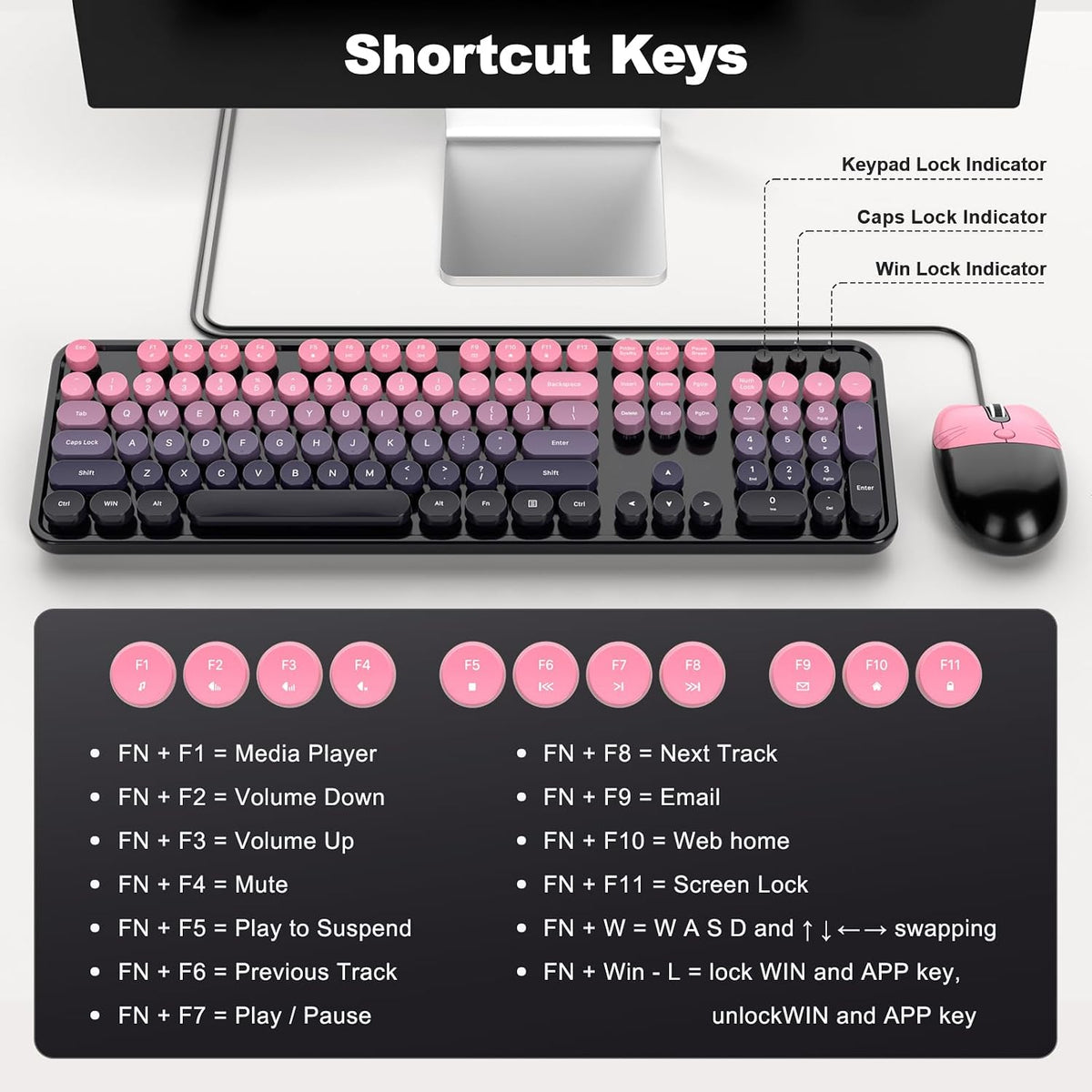MOFII Wired Keyboard and Mouse Combo, Full-Sized Retro Typewriter Computer Keyboards with Cute Cat Mouse for Windows PC Laptop (Berry Pink)