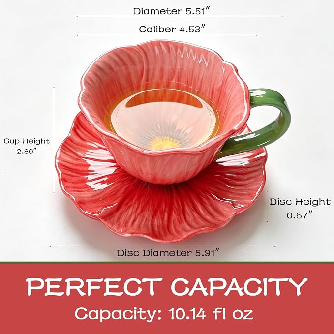 10 oz Tea Cups and Saucers, Flower-Shaped Ceramic Latte Art Cappuccino Cup and
