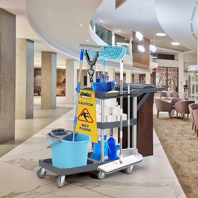 Commercial Janitorial Cart with Wheels, 3-Shelf Rolling Cleaning Trolley with 16-Gallon Trash Bag, 220 Lbs Heavy-Duty Capacity Housekeeping Cart - Ideal for Hotel, School, Apartments & More