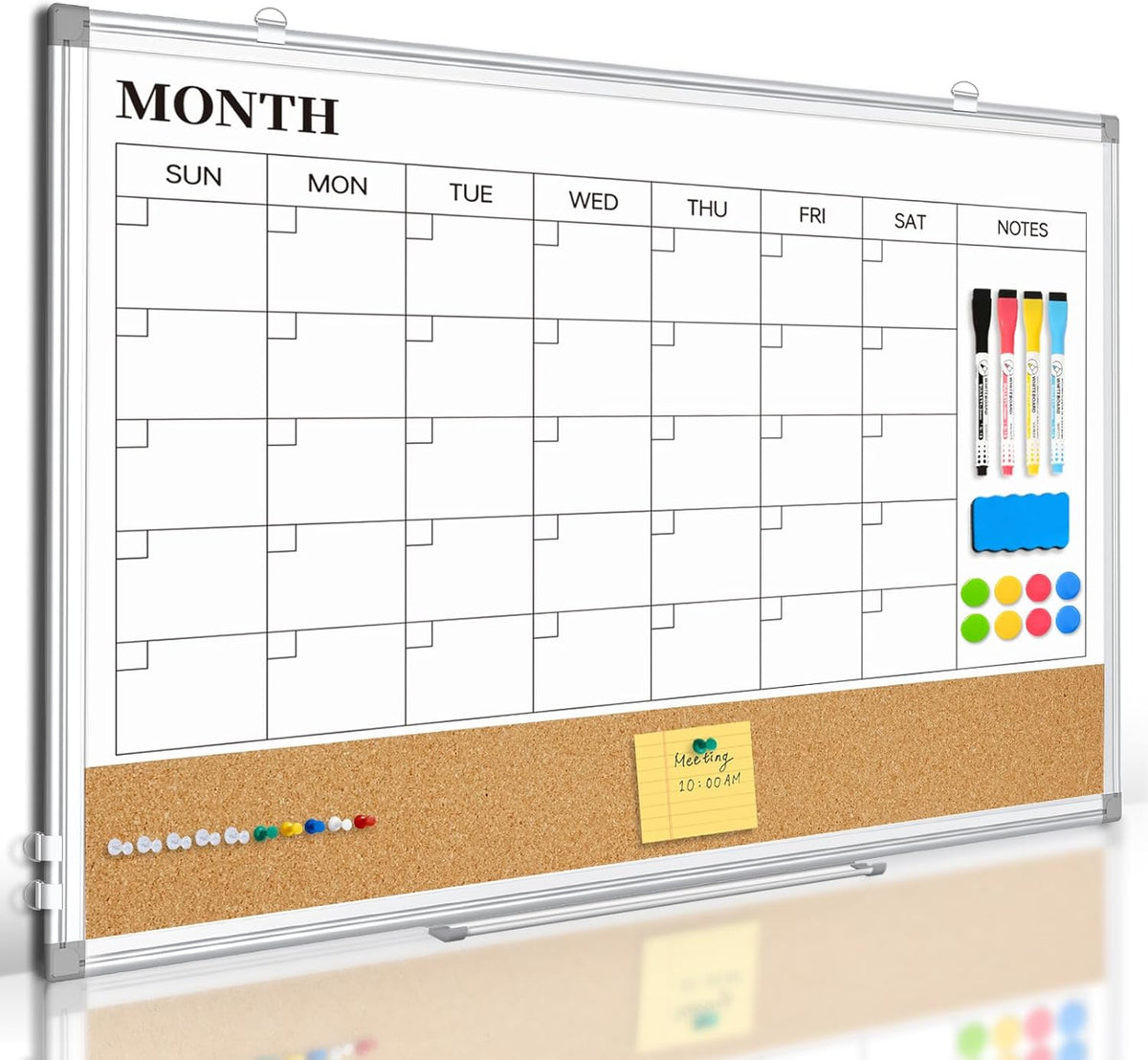 Monthly Dry Erase Calendar Whiteboard with Corkboard, 30" x 20", Silver