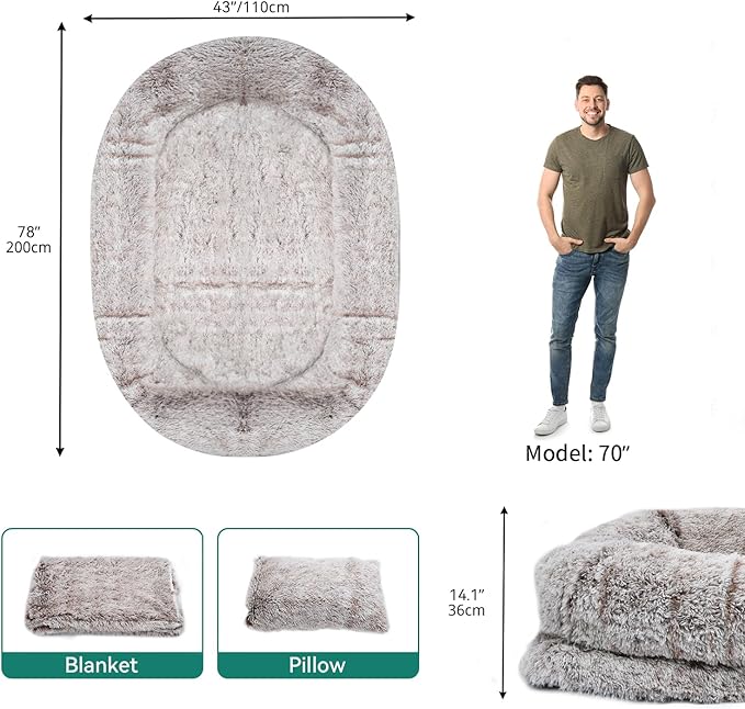 DWVO Human Dog Bed for Adult, 79" L X 43" W Large Human Size Dog Bed with Blanket and Pillow, Removable Cover, Dark Brown