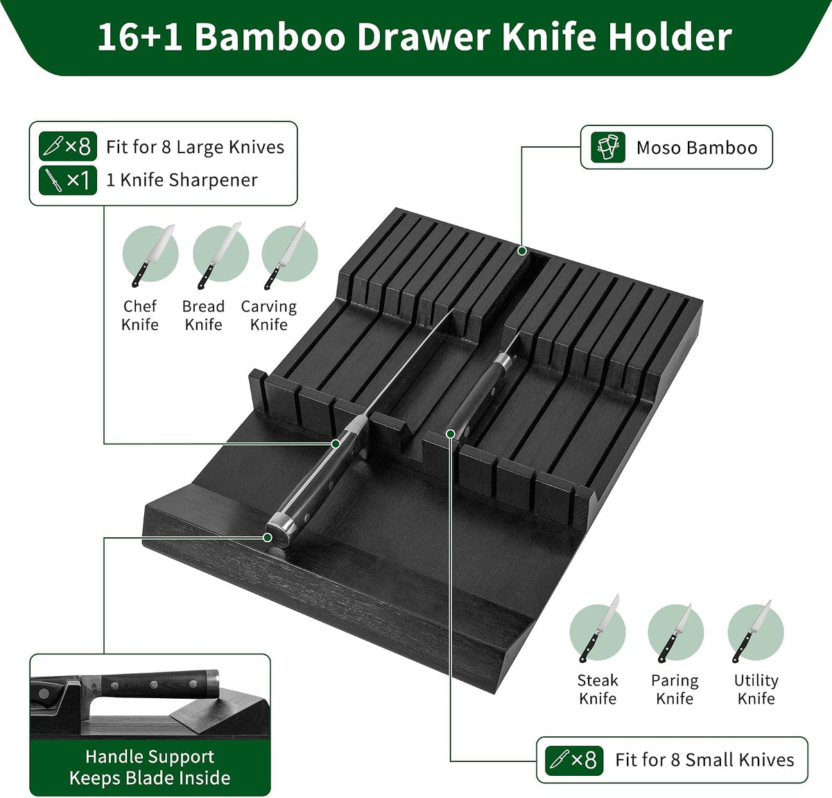 Utoplike Bamboo In-Drawer Knife Block Organizer, Drawer Knife Holder Black