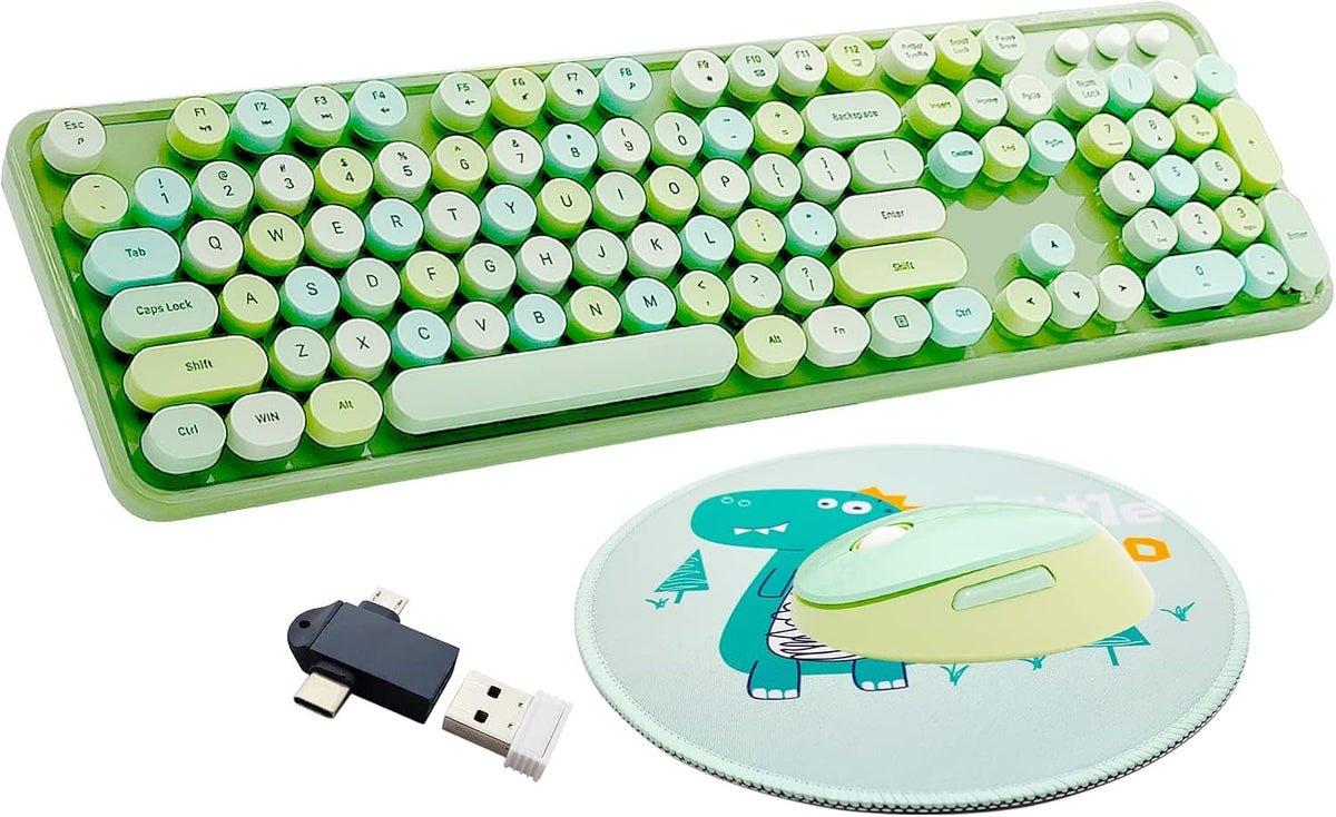 Green Retro Typewriter Wireless Keyboard and Mouse Combo for Home Office