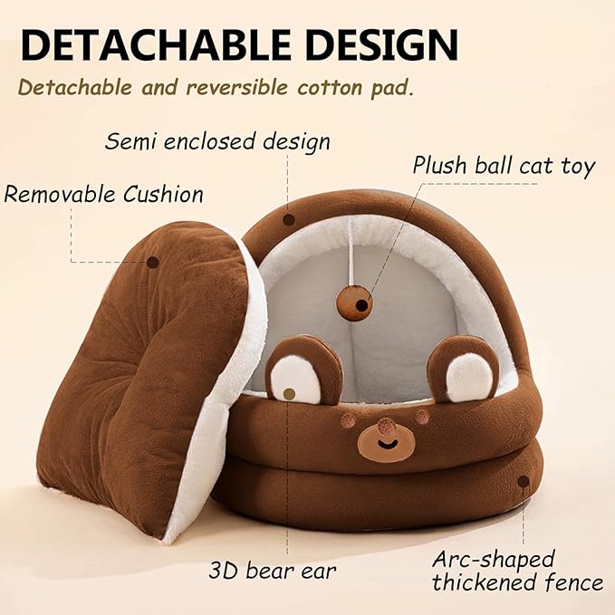 Cat Bed for Indoor Cats, Dog Bed with Anti-Slip Bottom, Rabbit-Shaped Cat/Small Dog Cave with Hanging Toy, Puppy Beds with Removable Cotton Pad, Super Soft Calming Pet Sofa Bed (Brown, Medium)