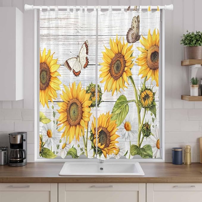 Yellow Sunflowers Living Room Curtains 96 Inch Length, Window Curtains Tab Top