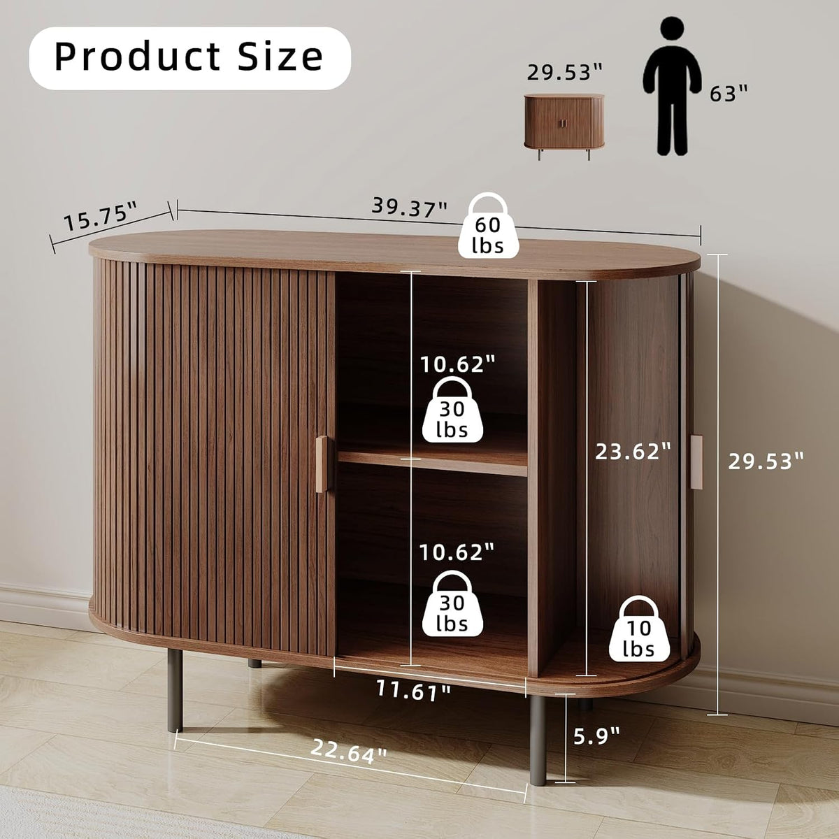 ComfyCorner 40" Fluted Buffet Sideboard Cabinet with Sliding Door, Walnut