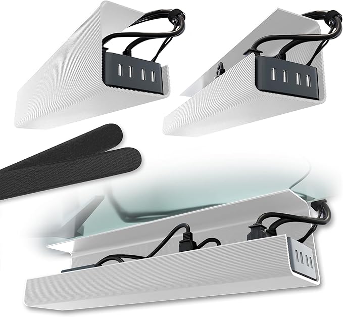No-Screw Under Desk Cable Management Tray - Self-Adhesive Installation, Cord Management, Cable Tray, Under Desk Wire Organizer - White Set of 2