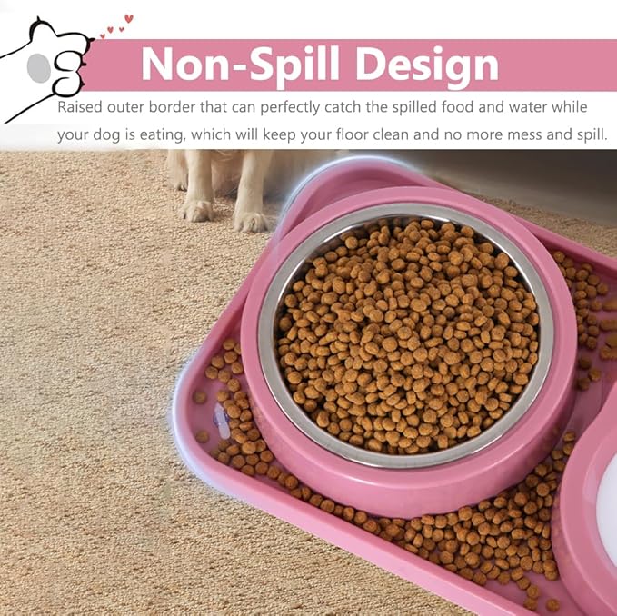 Dog Bowls, Non-Slip Puppy Cat Food and Water Bowl Set with Water Dispenser and Stainless Steel Bowl Detachable Gravity Pet Feeder and Waterer Set for Dogs (Pink, 1000ML)