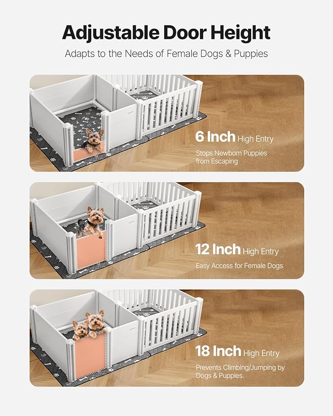 VEVOR Dog Whelping Box, 73x38x19.7 in, Plastic Dog Whelping Pen with Adjustable Height Door, Puppy Playpen with Waterproof Pee Pad, Easy to Clean, Durable Indoor Pet Birth Kit for Medium Sized Dogs