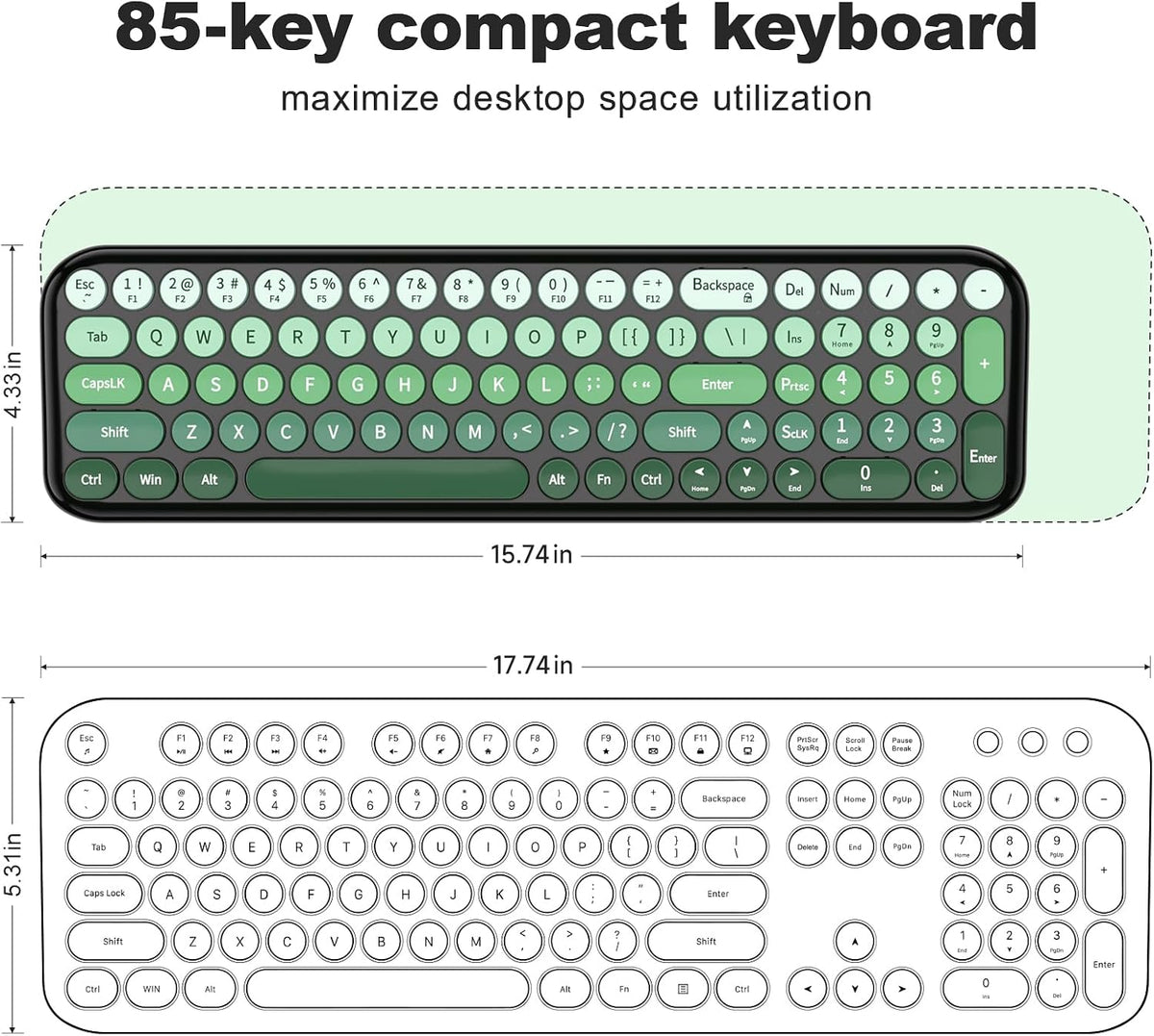 Wireless Keyboard and Mouse Combo, MOWUX Compact Typewriter Retro Round Computer Keyboard, Cute Optical Mouse Wireless, Plug and Play, for Laptop, PC, Computer- Black Green Gradient