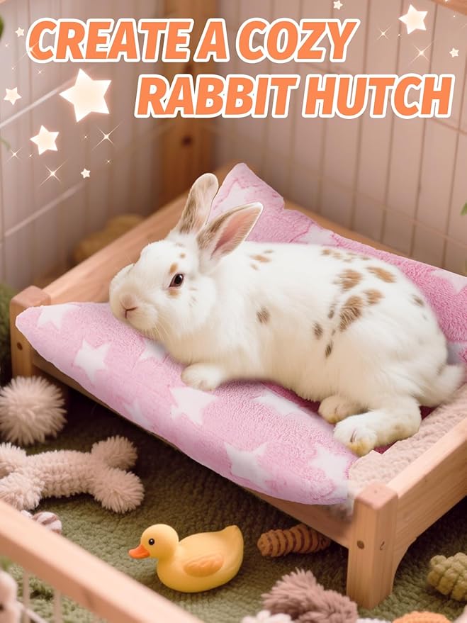 Soft Bunny Bed - 15.7" x 14" Rabbit Bed, Warm Cuddle Cushion Plush Mat for Guinea Pig, Ferret, Small Animal, Pink Stars