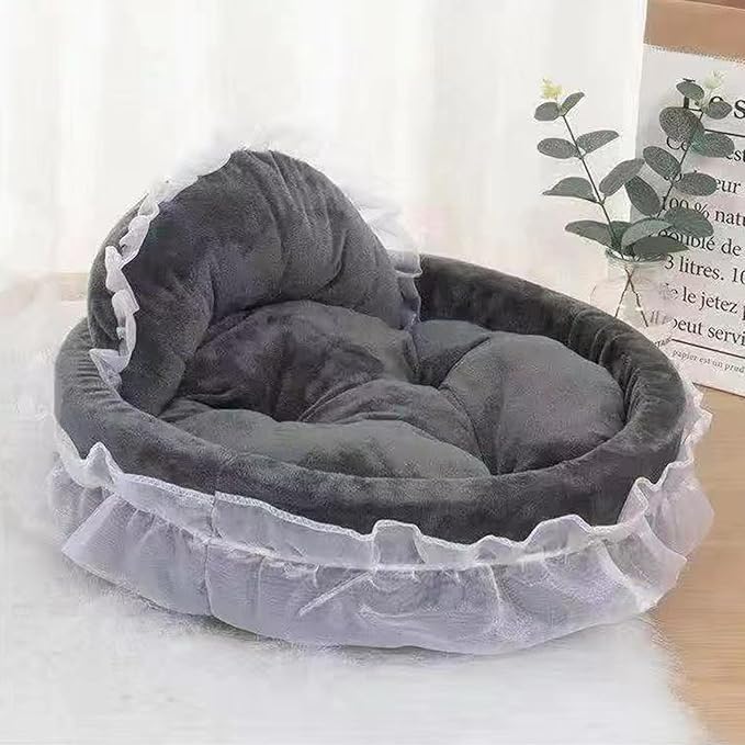 Princess Pet Bed with Bows Ruffled, Lace Design Soft and Beautiful Dog Sofa Detachable Cushion Princess Nest, Indoor Cave, Bottom, Removable Plush Cover