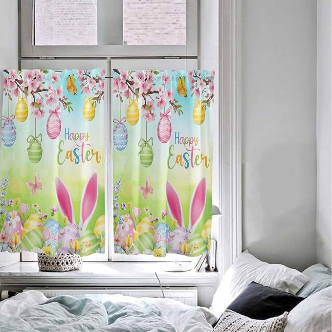 Easter Kitchen Curtains 45 Inches length, Spring Bunny Colorful Rabbit Eggs