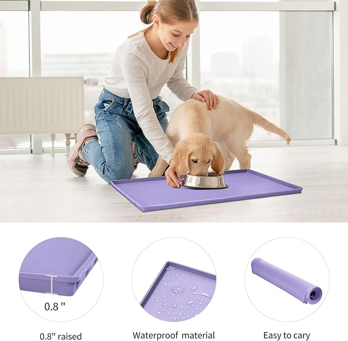 Dog Food Mat,Silicone Waterproof Food Tray,Non Slip Pet Bowl Mats Placemat,0.8" Raised Edge,Suitable for Most Small and Medium Sized Pets,28" x 18"