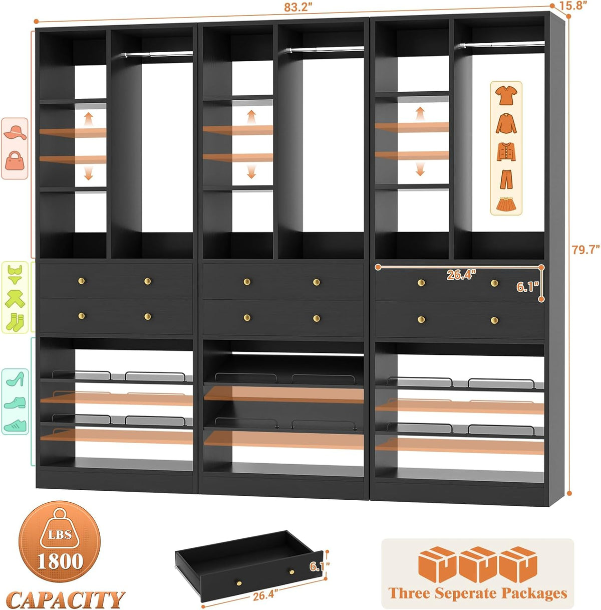 Besiost Closet System, 84"/7 FT Closet Organizer System with 6 Drawers and Shelves, Walk-in Closets Systems, Free Standing Reach in Closet Tower, Load 1800+LBS, Black 3 Pack