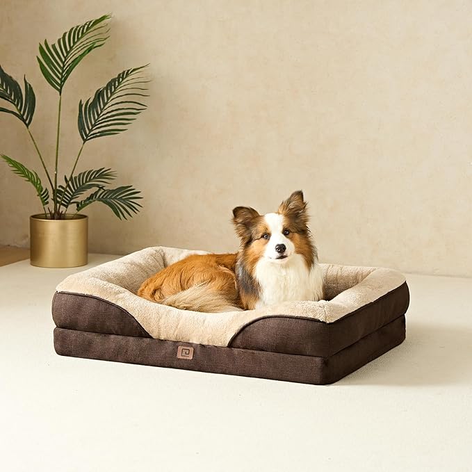 EHEYCIGA Orthopedic Dog Bed for Large Sized Dog, 36x27x7 Inch Large Memory Foam Dog Couch Bed with Sides, Waterproof Liner & Washable Removable Cover, Bolster Pet Sofa, Brown