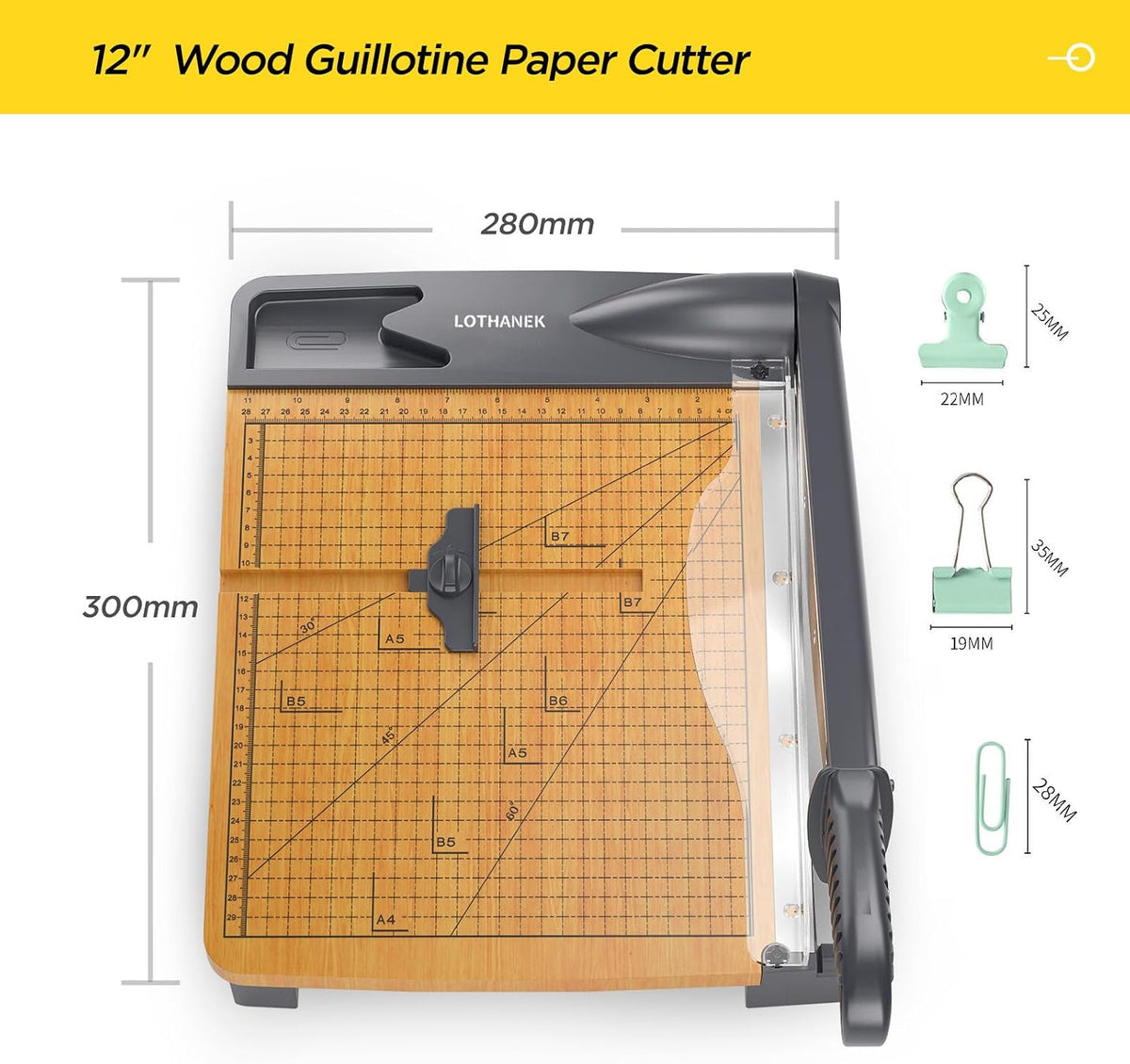 12 Inch Wood Guillotine Paper Cutter, Heavy Duty Paper Trimmer with Wood Base, Cuts 25-32 Sheets, Cutting Board for Cardstock, Crafts, Classroom, Art Projects