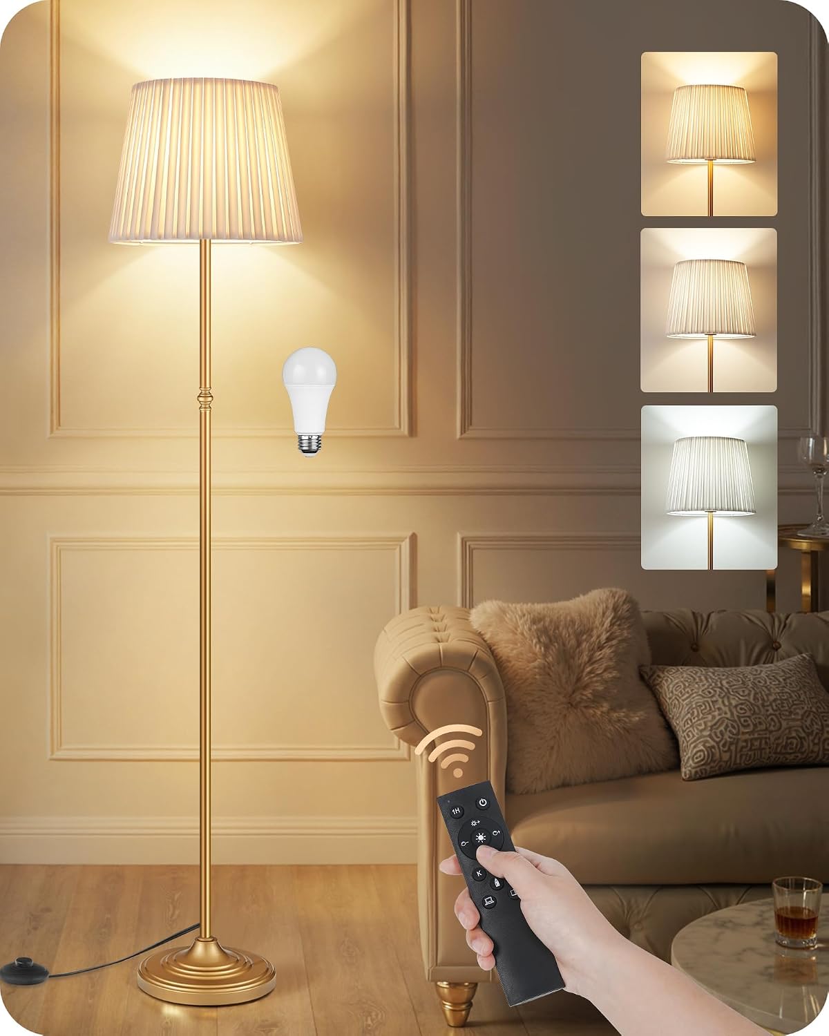 Dimmable Floor Lamp for Living Room, 68" Tall Standing Lamp, Reading Light with Remote & Foot Pedal, 10W LED Bulb (3000K-6500K) Included, FCC Listed, Reinforced Base, Gold and White DW12LD05