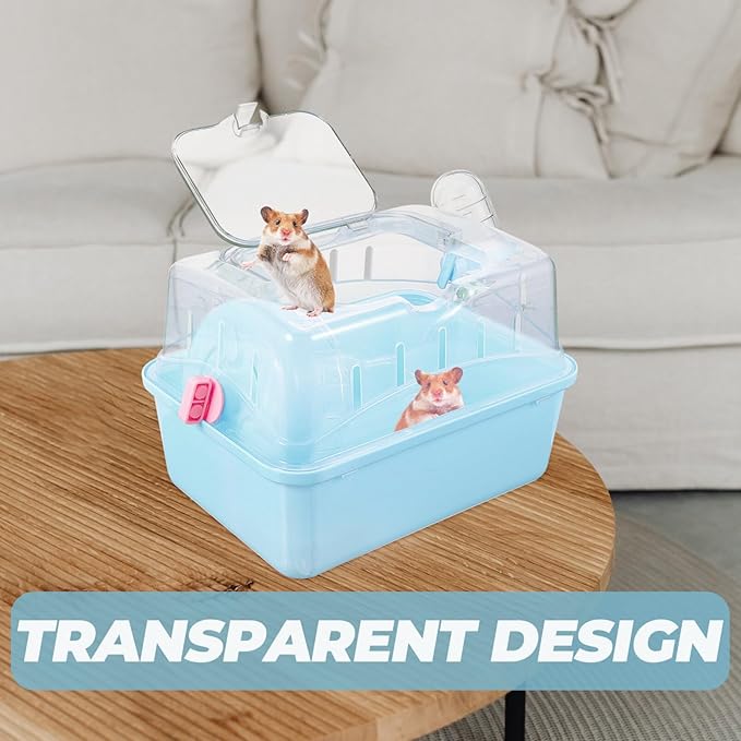 POPETPOP Portable Hamster Cage : Plastic Hamster Carrier with Water Bottle - Breathable Small Animal Carrier Cage for Gerbil Hedgehog, 8.84X6.68X6.48in (Blue)