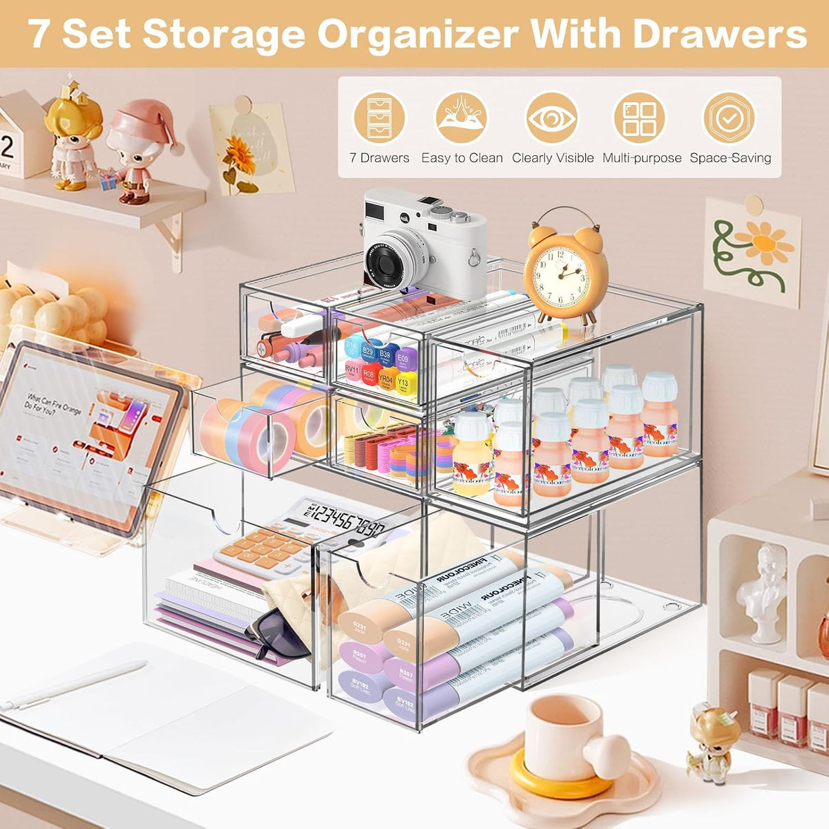 Desk Organizer with 7 Drawers, Clear, Stackable