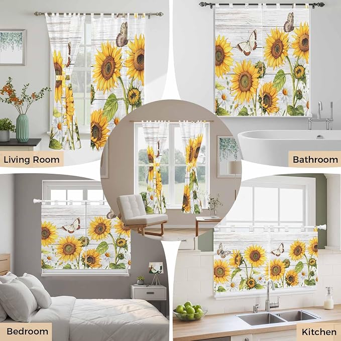 Yellow Sunflowers Living Room Curtains 96 Inch Length, Window Curtains Tab Top